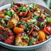 Bright Summer Panzanella with grilled bread and fresh tomatoes shown.