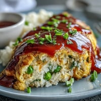 Japanese Omurice with fluffy egg and ketchup drizzle, a comforting meal.